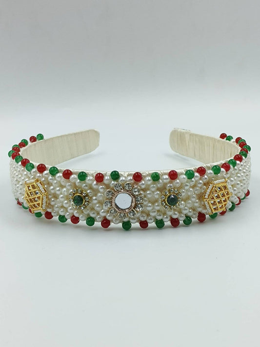 Choko - Kids Satin Hand Beaded Hairband - Kundan and Pearl - Off White, Red & Gold