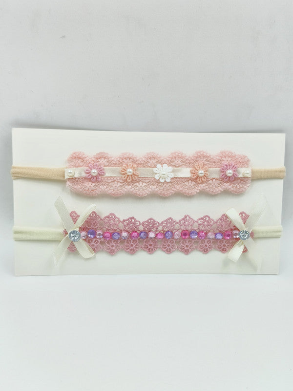 Choko - Babies Tulle Stretchable Headbands - Lace and Ribbon - Pink, White & Cream