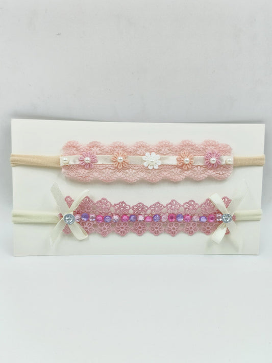 Choko - Babies Tulle Stretchable Headbands - Lace and Ribbon - Pink, White & Cream