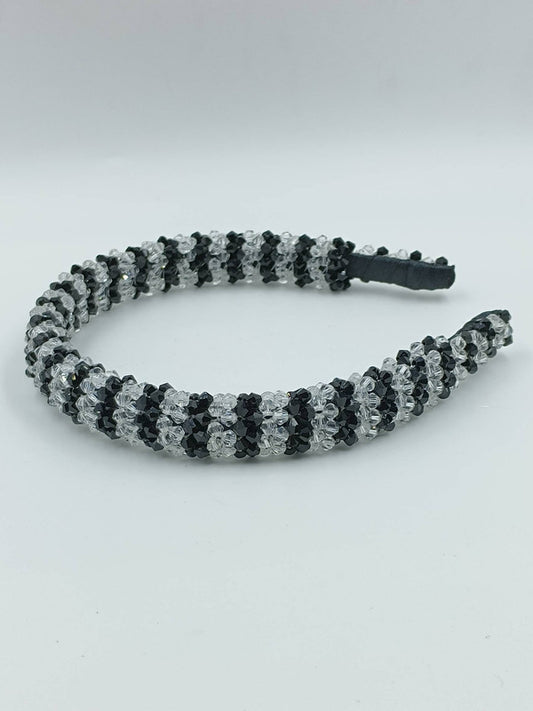 Choko - Kids Satin Hairband - Glass Crystal Beads - Black & Clear