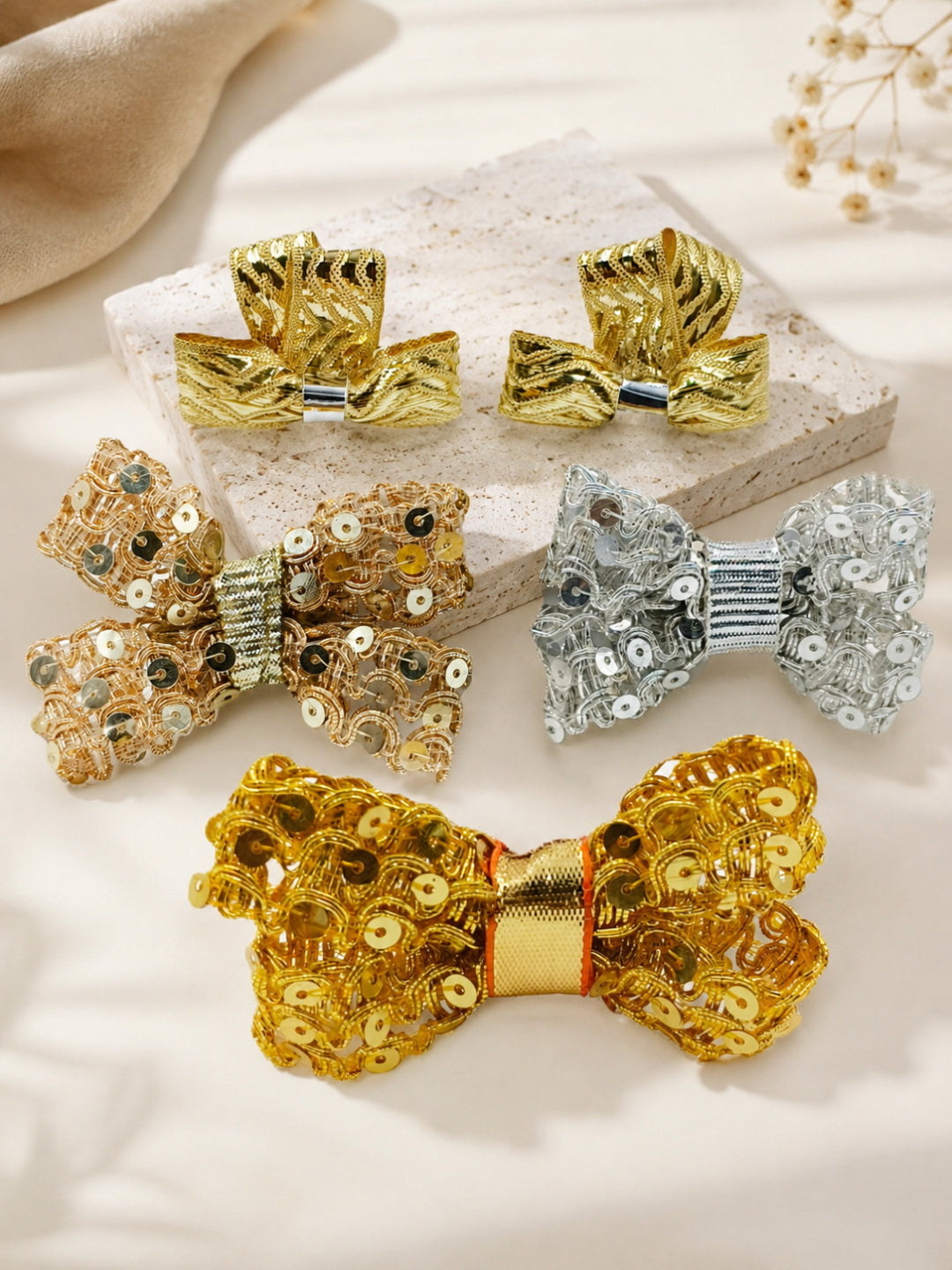 Choko Elegant Gold and Silver 5 Pcs Sequin Bow Hair Clip Set for Girls