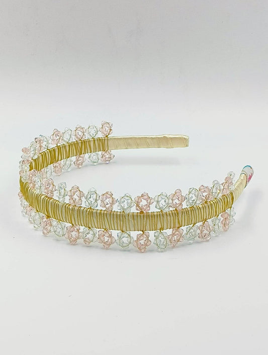 Choko - Kids Satin Hairband for Girls - Glass Crystal Beads - Gold, Clear & Pink