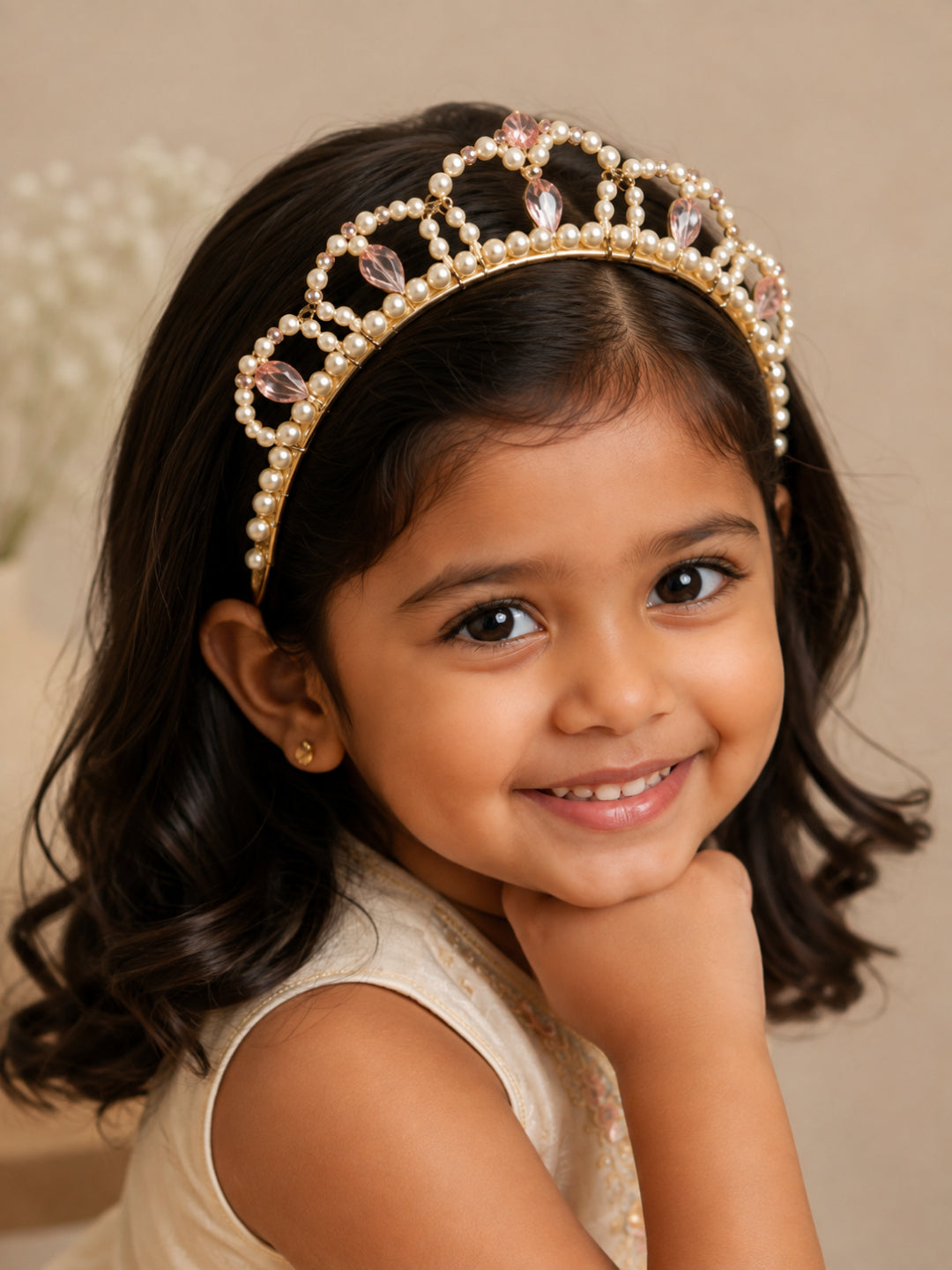 Choko pearl tiara hair band with pink crystal crown arch for princess-themed parties girls accessories