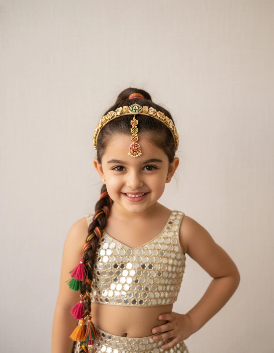 Choko Kundan Hairband & Maang Tikka Set for Girls - Red, Green & Gold | Wedding Combo - Choko