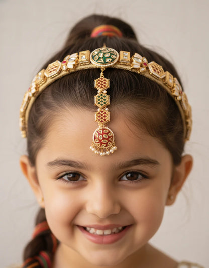 Choko Kundan Hairband & Maang Tikka Set for Girls - Red, Green & Gold | Wedding Combo - Choko
