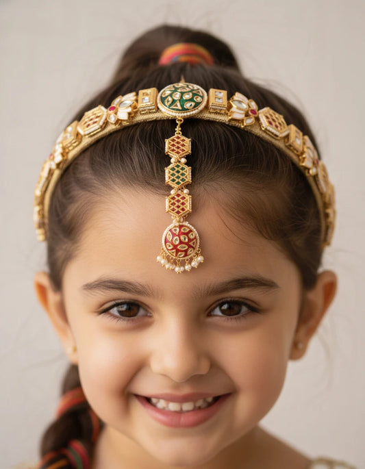 Choko Kundan Hairband & Maang Tikka Set for Girls - Red, Green & Gold | Wedding Combo