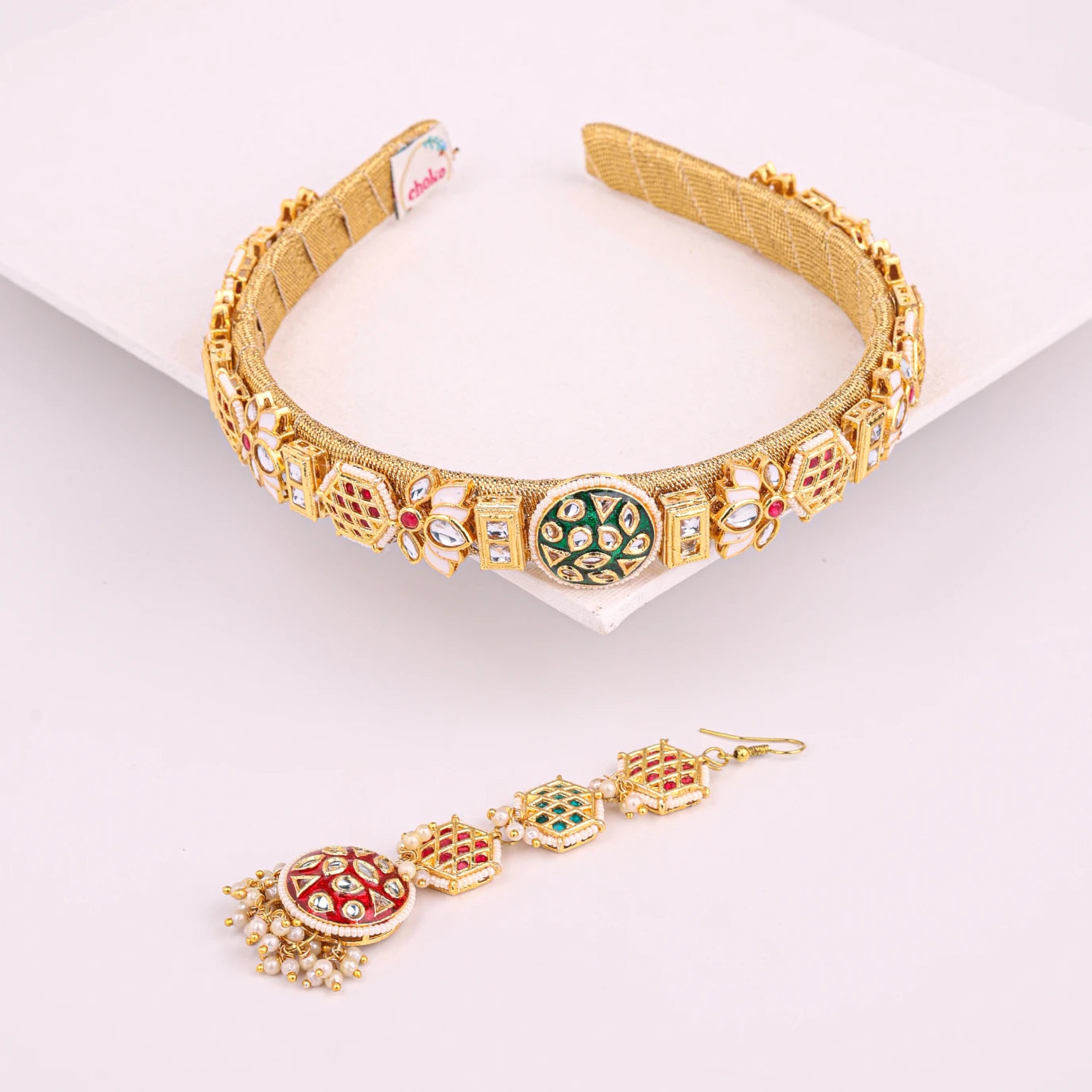 Choko Kundan Hairband & Maang Tikka Set for Girls - Red, Green & Gold | Wedding Combo - Choko