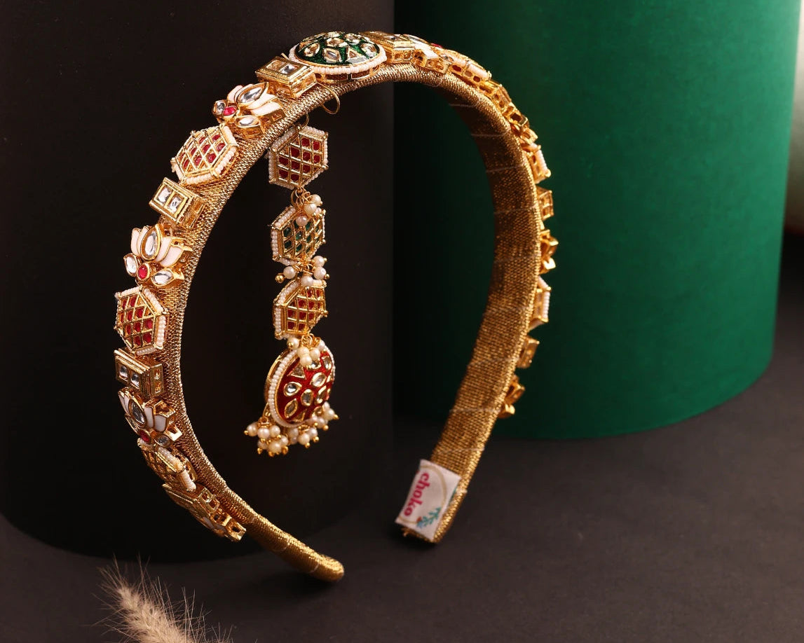 Choko Kundan Hairband & Maang Tikka Set for Girls - Red, Green & Gold | Wedding Combo - Choko