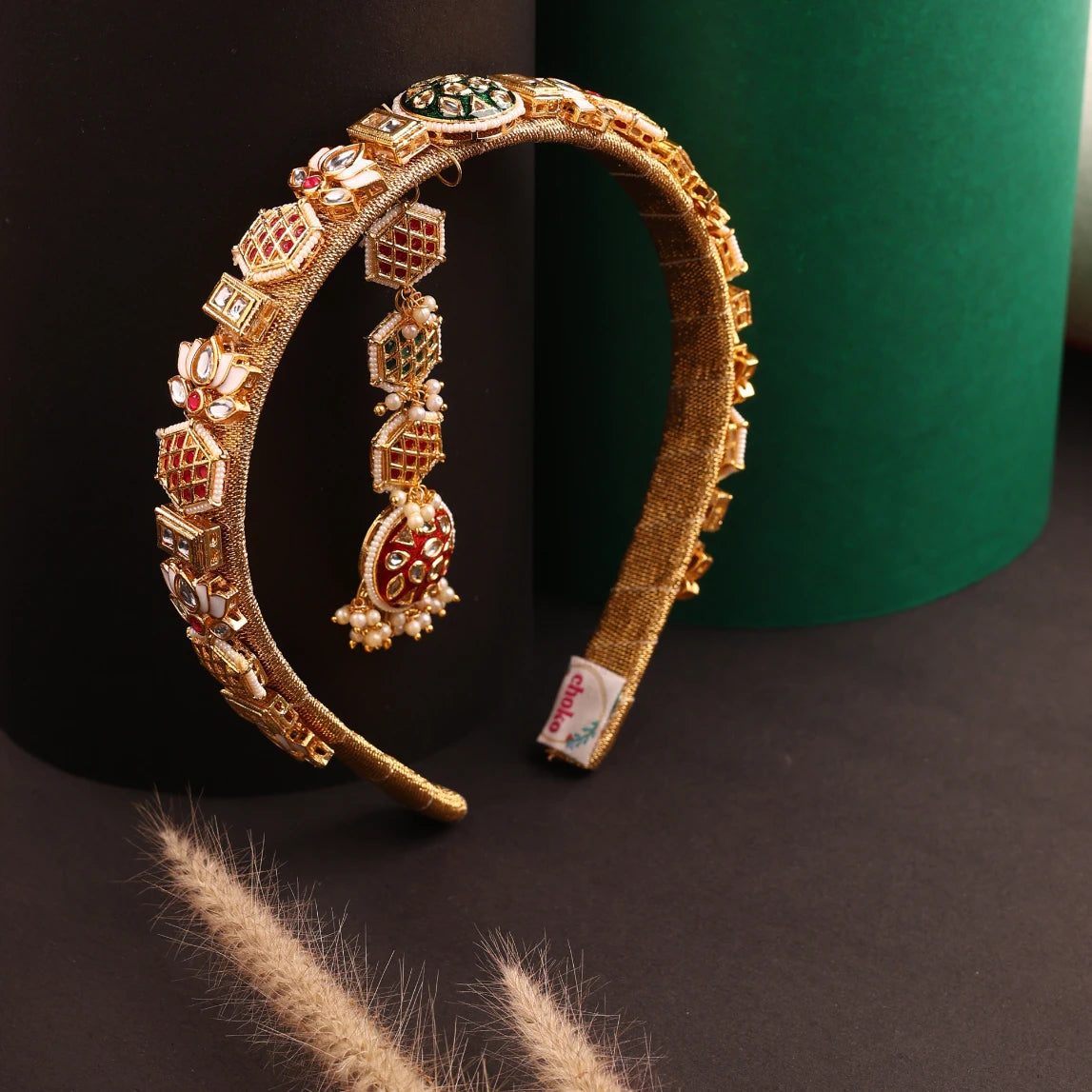 Choko Kundan Hairband & Maang Tikka Set for Girls - Red, Green & Gold | Wedding Combo - Choko