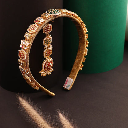 Choko Kundan Hairband & Maang Tikka Set for Girls - Red, Green & Gold | Wedding Combo - Choko