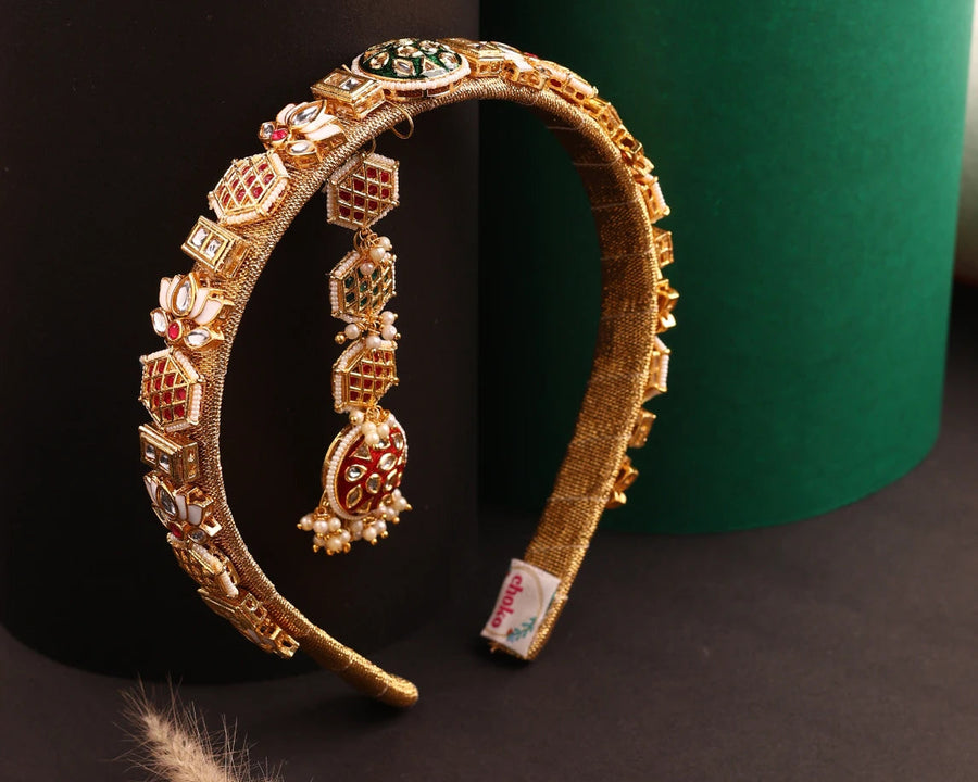 Choko Kundan Hairband & Maang Tikka Set for Girls - Red, Green & Gold | Wedding Combo - Choko