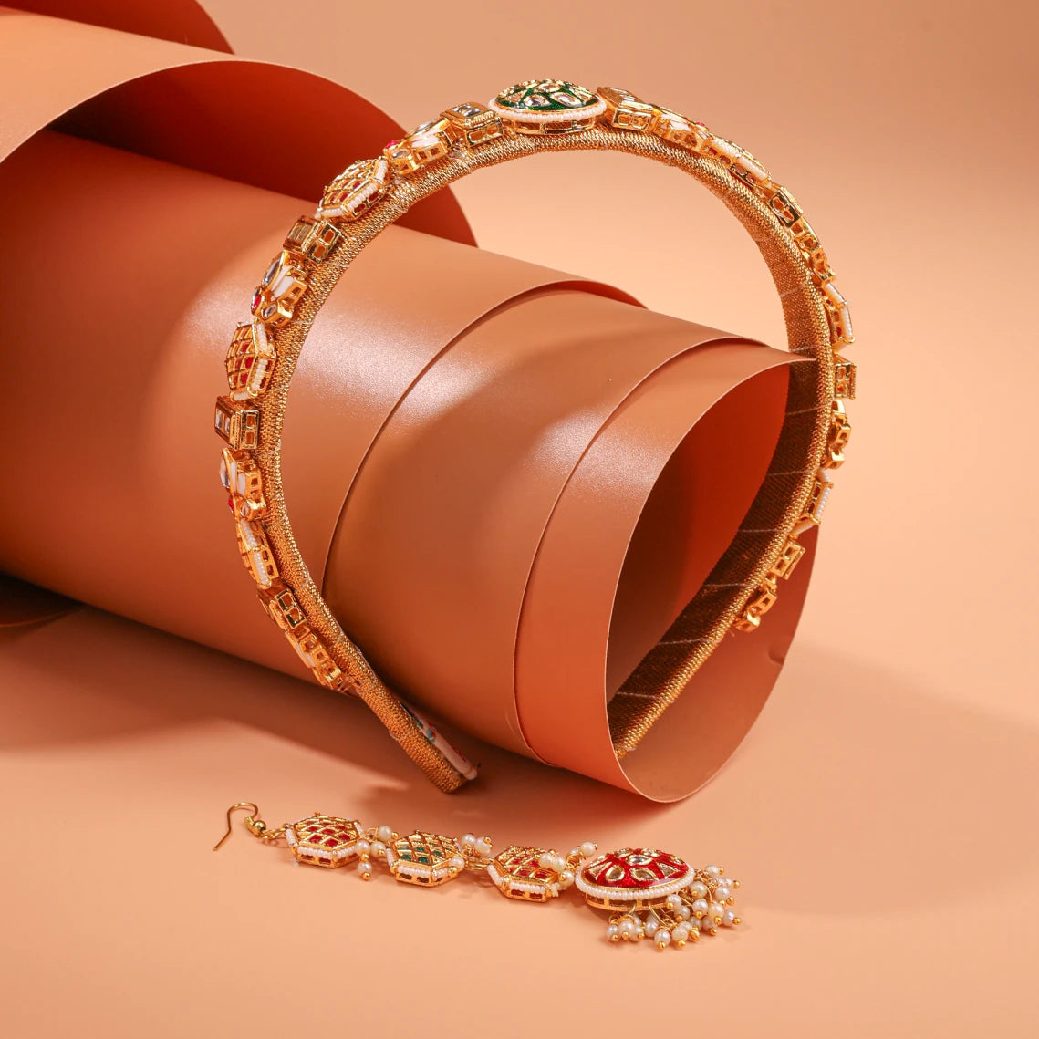 Choko Kundan Hairband & Maang Tikka Set for Girls - Red, Green & Gold | Wedding Combo - Choko