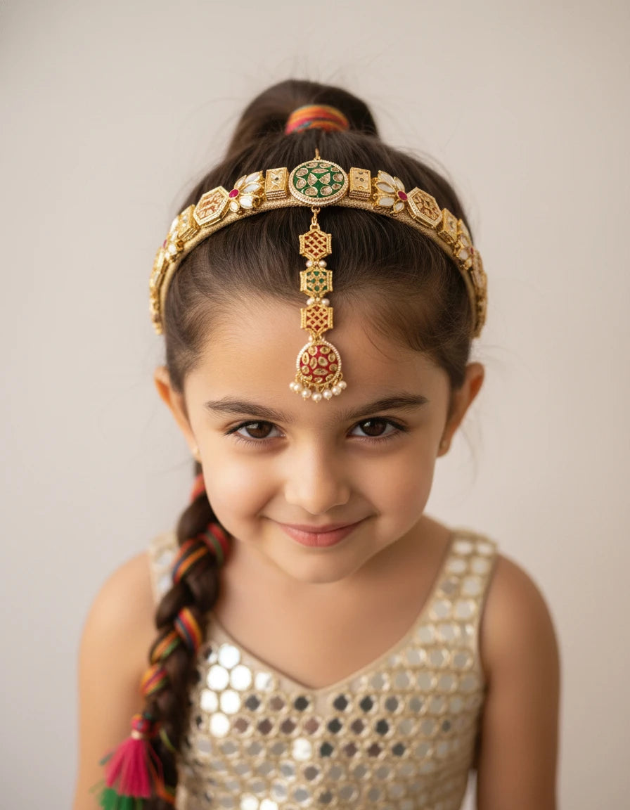 Choko Kundan Hairband & Maang Tikka Set for Girls - Red, Green & Gold | Wedding Combo - Choko