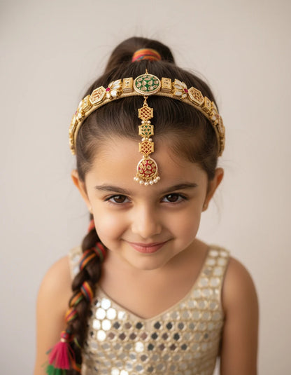 Choko Kundan Hairband & Maang Tikka Set for Girls - Red, Green & Gold | Wedding Combo - Choko