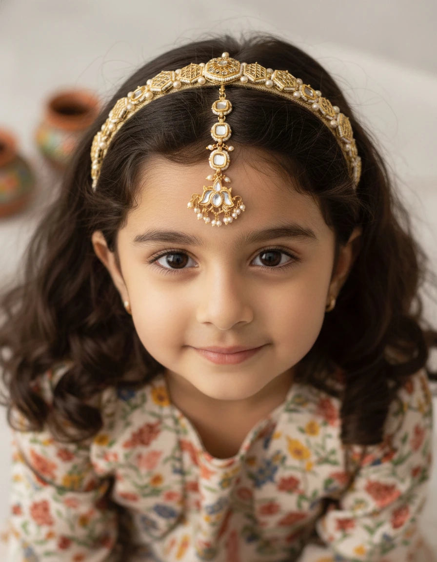 Choko Kundan Hairband & Maang Tikka Set for Girls - White & Gold | Wedding Combo - Choko