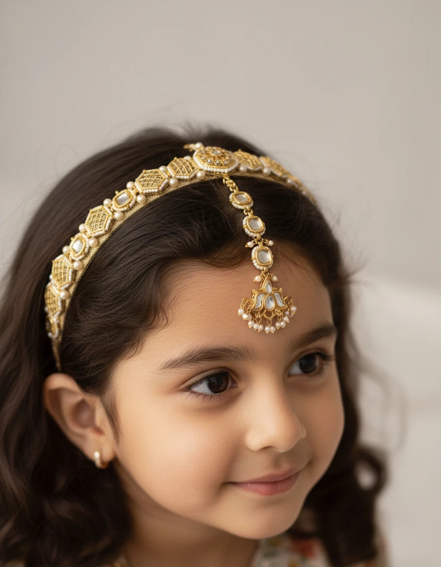 Choko Kundan Hairband & Maang Tikka Set for Girls - White & Gold | Wedding Combo - Choko