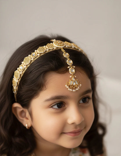 Choko Kundan Hairband & Maang Tikka Set for Girls - White & Gold | Wedding Combo - Choko