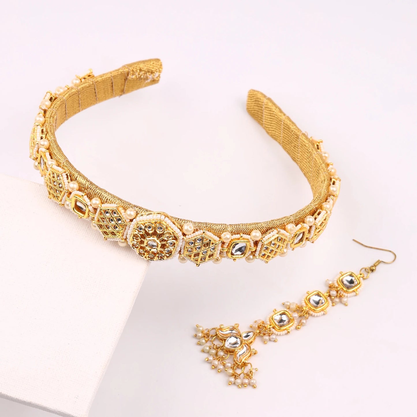 Choko Kundan Hairband & Maang Tikka Set for Girls - White & Gold | Wedding Combo - Choko