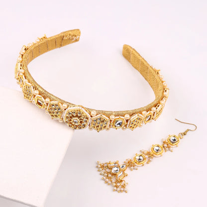 Choko Kundan Hairband & Maang Tikka Set for Girls - White & Gold | Wedding Combo - Choko