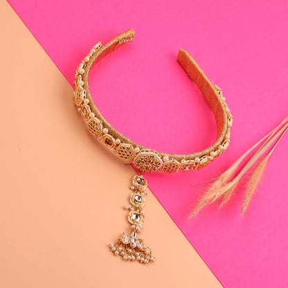 Choko Kundan Hairband & Maang Tikka Set for Girls - White & Gold | Wedding Combo - Choko