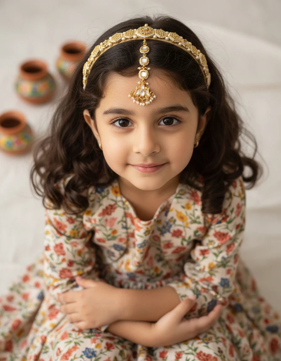 Choko Kundan Hairband & Maang Tikka Set for Girls - White & Gold | Wedding Combo - Choko