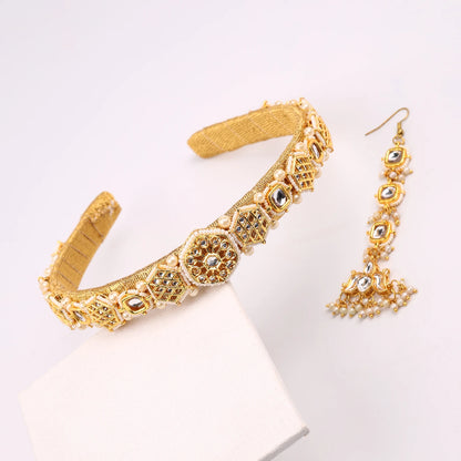 Choko Kundan Hairband & Maang Tikka Set for Girls - White & Gold | Wedding Combo - Choko