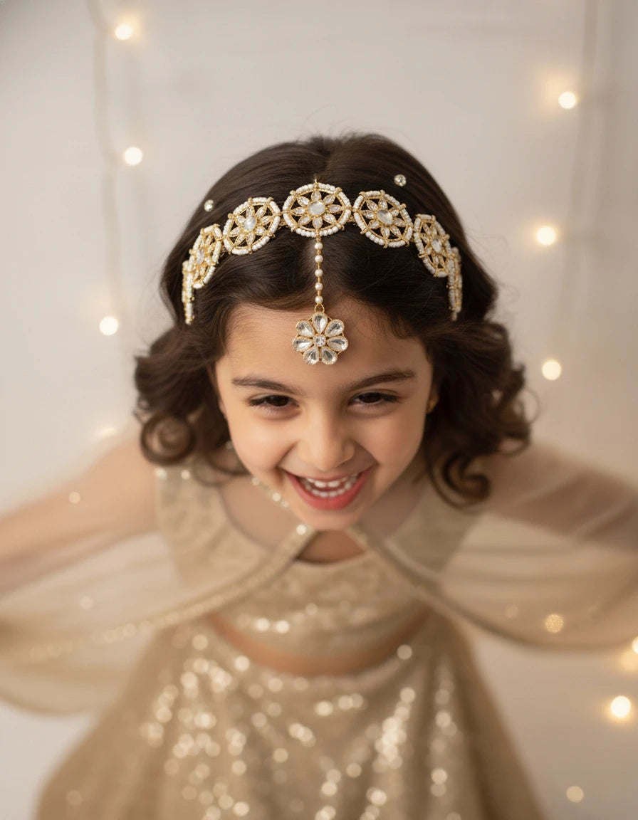 Choko Floral Hairband & Maang Tikka Set for Girls - White & Gold | Festive - Choko