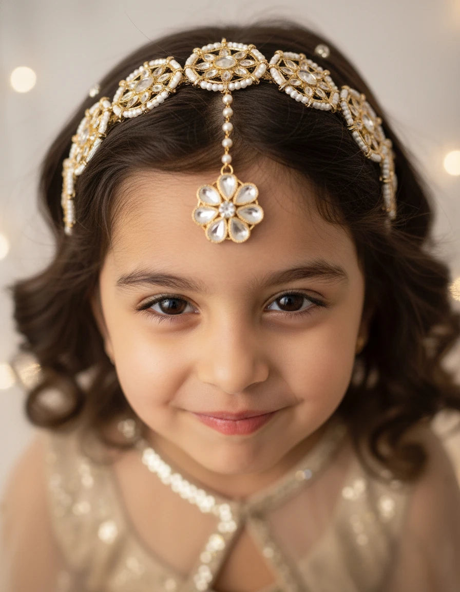 Choko Floral Hairband & Maang Tikka Set for Girls - White & Gold | Festive - Choko