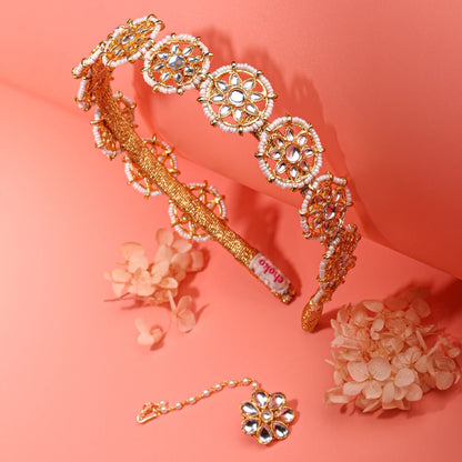 Choko Floral Hairband & Maang Tikka Set for Girls - White & Gold | Festive - Choko