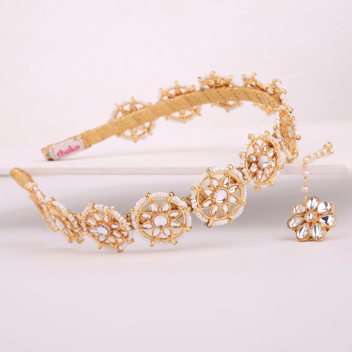 Choko Floral Hairband & Maang Tikka Set for Girls - White & Gold | Festive - Choko