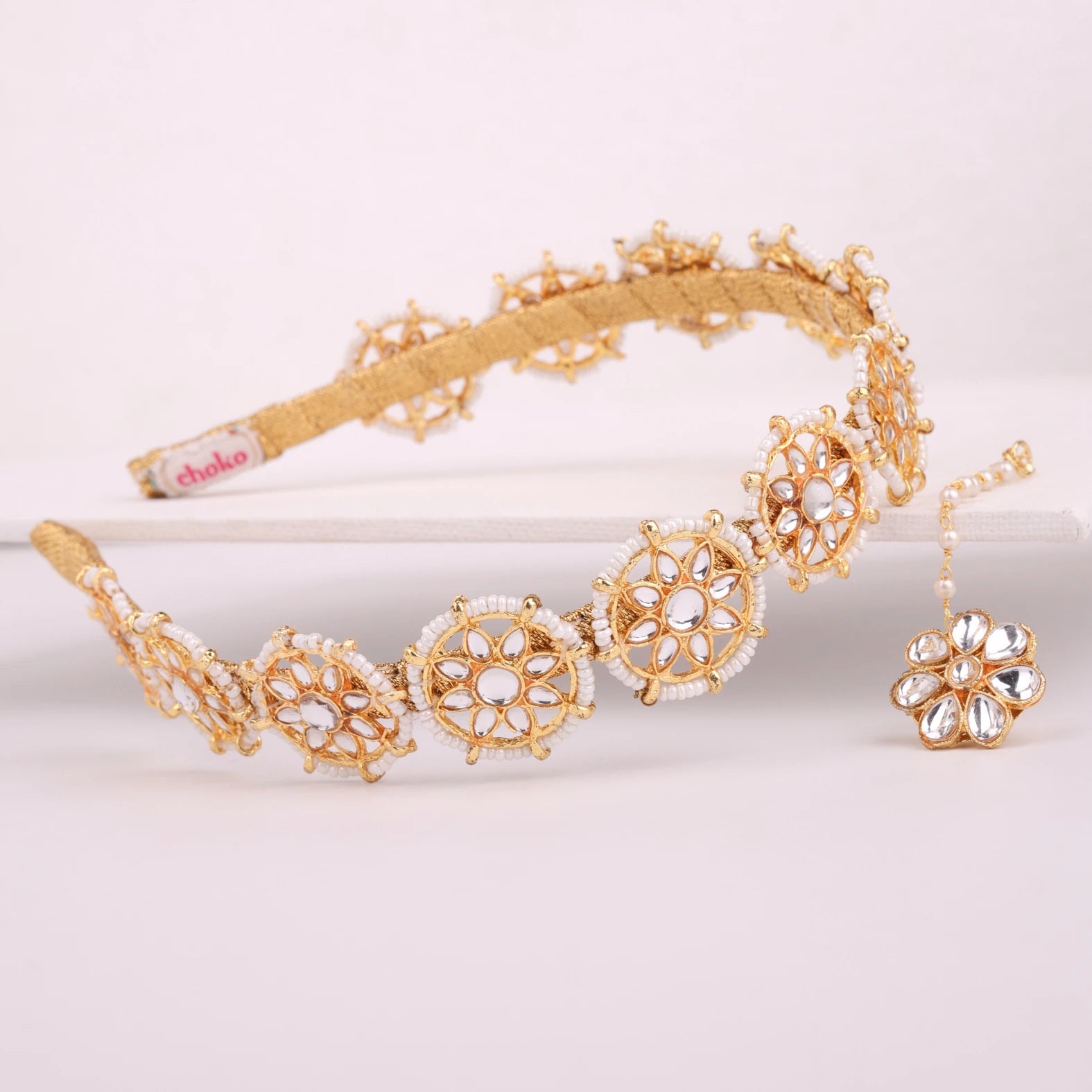 Choko Floral Hairband & Maang Tikka Set for Girls - White & Gold | Festive - Choko