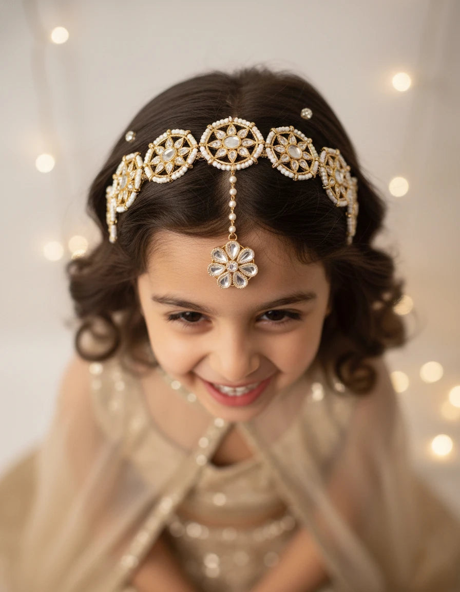 Choko Floral Hairband & Maang Tikka Set for Girls - White & Gold | Festive - Choko