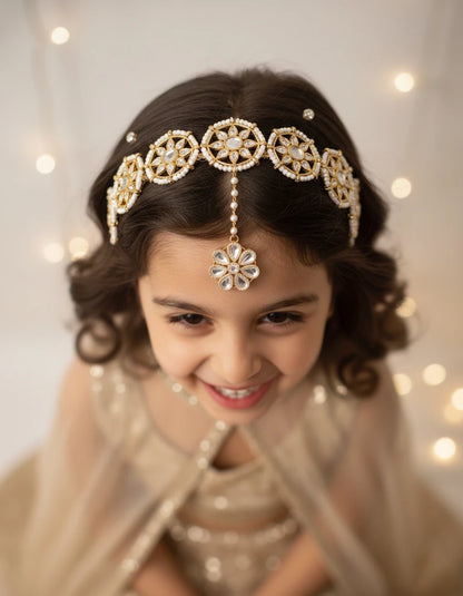 Choko Floral Hairband & Maang Tikka Set for Girls - White & Gold | Festive - Choko