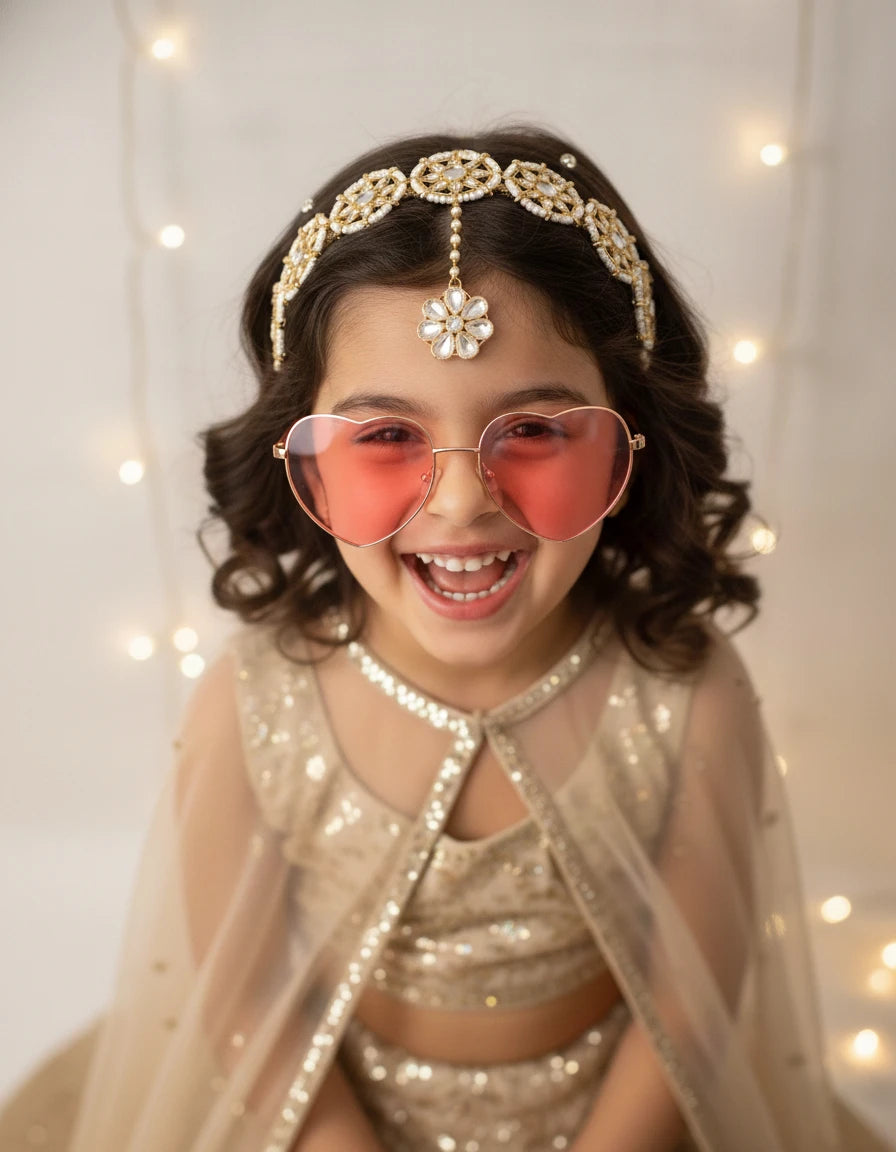 Choko Floral Hairband & Maang Tikka Set for Girls - White & Gold | Festive - Choko