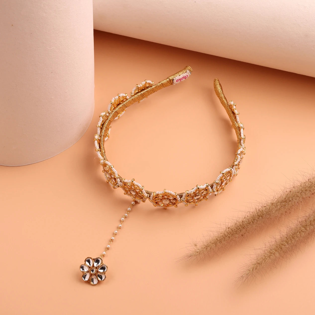 Choko Floral Hairband & Maang Tikka Set for Girls - White & Gold | Festive - Choko