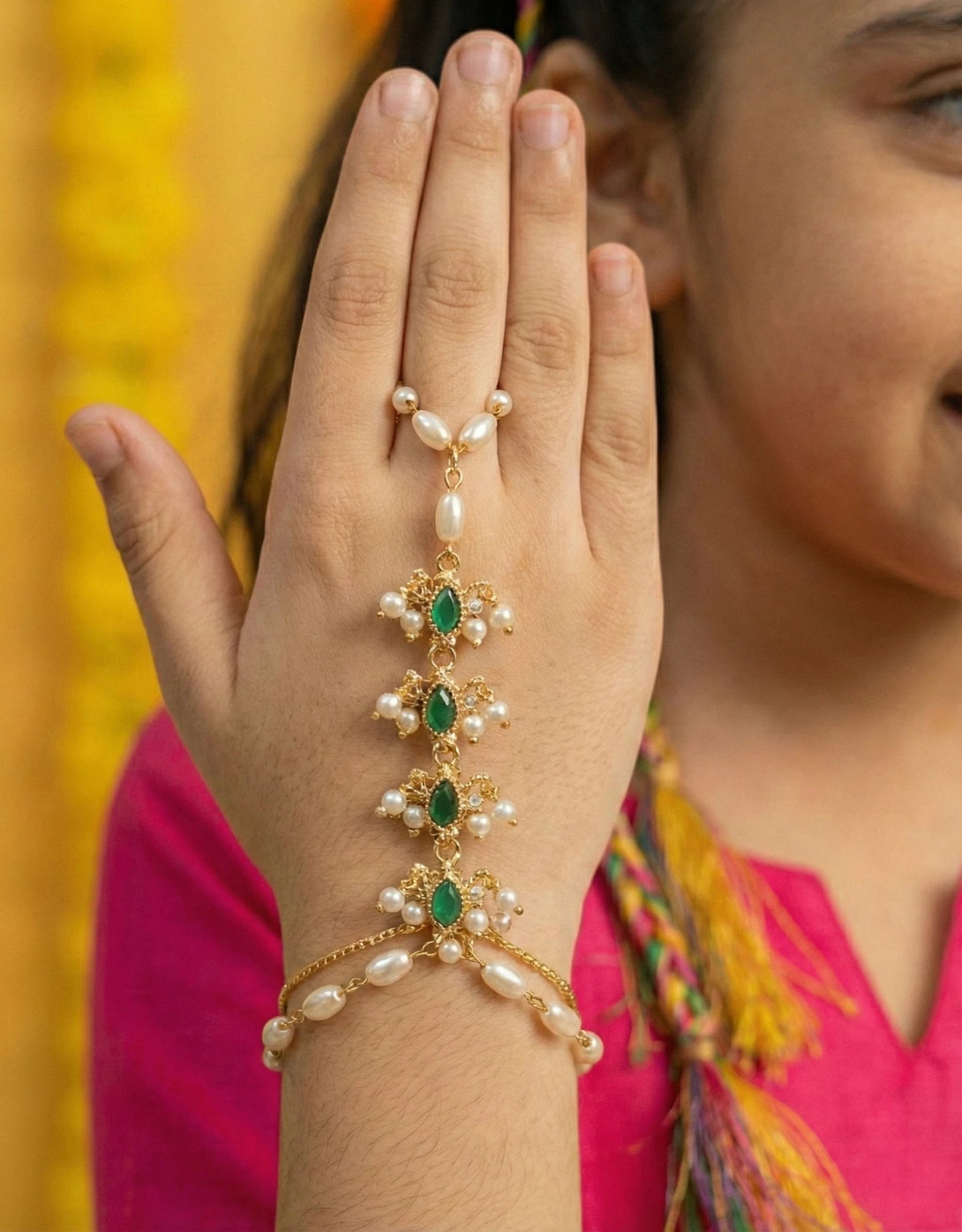 Choko Pearl Haathphool for Girls - Gold & Green | Wedding & Mehendi
