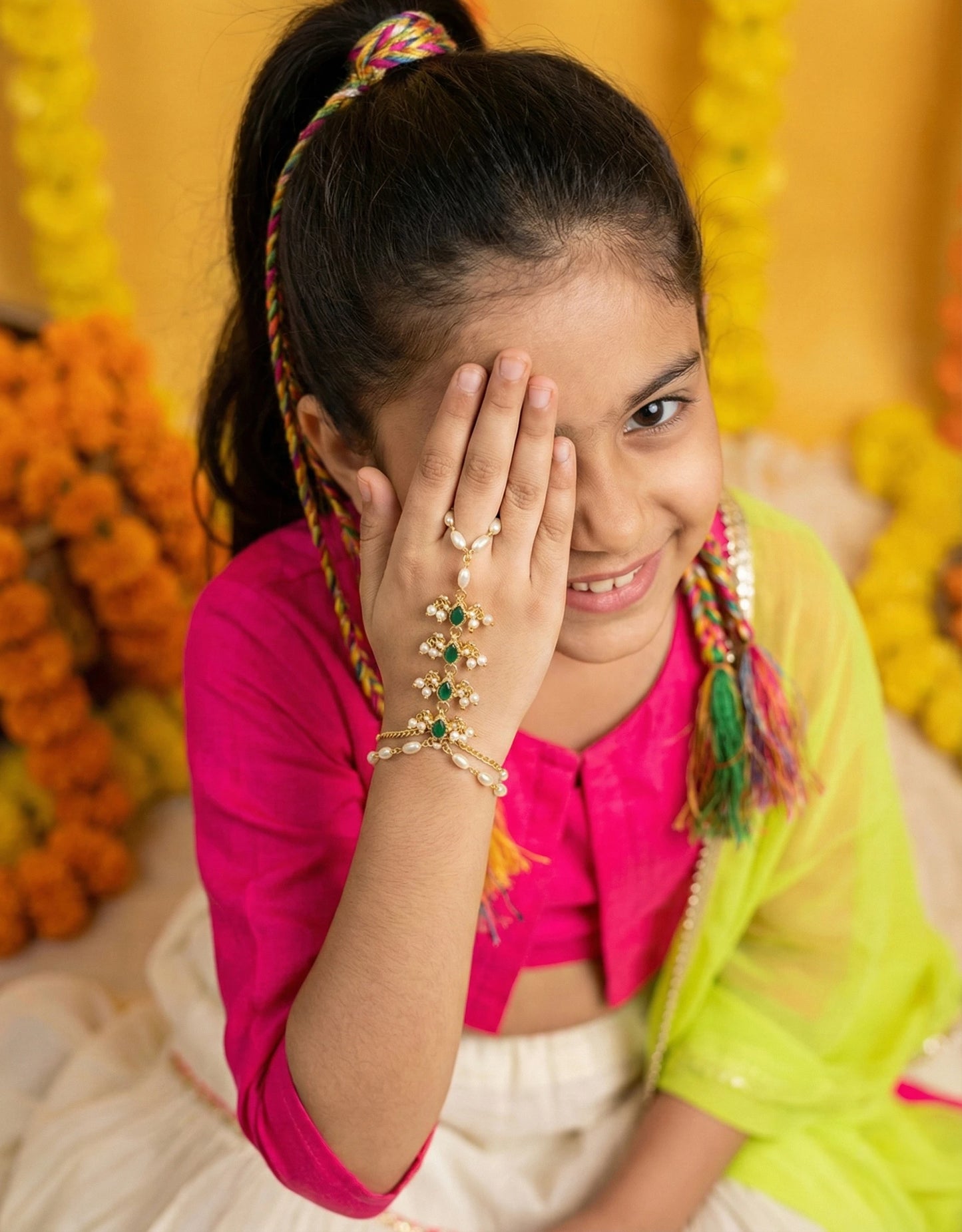 Choko Pearl Haathphool for Girls - Gold & Green | Wedding & Mehendi