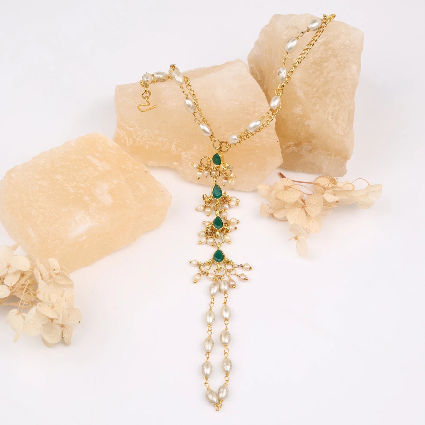Choko Pearl Haathphool for Girls - Gold & Green | Wedding & Mehendi