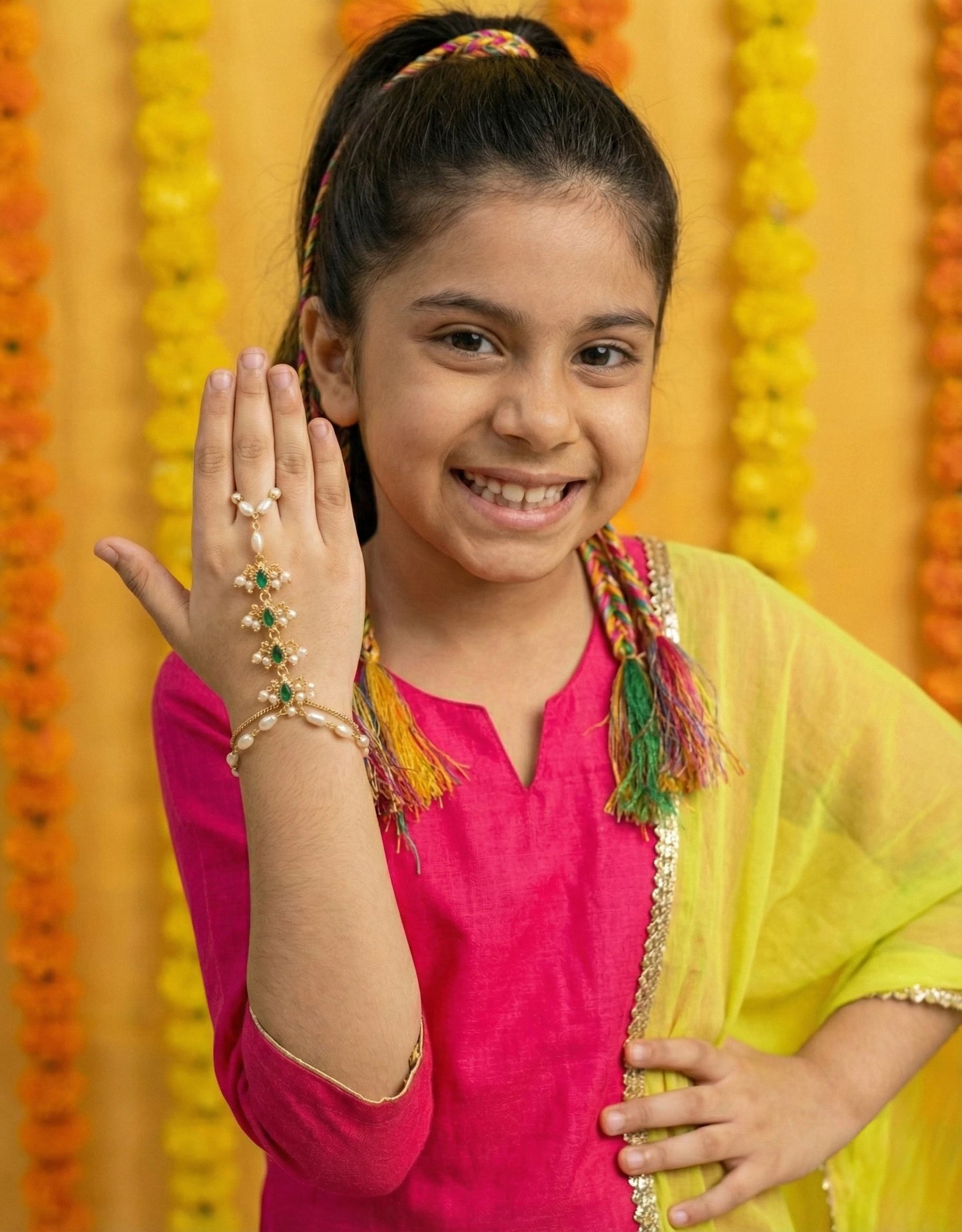 Choko Pearl Haathphool for Girls - Gold & Green | Wedding & Mehendi