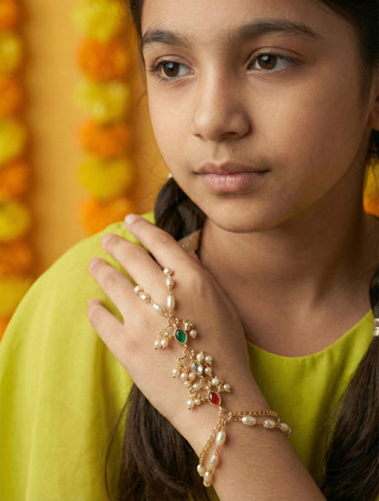 Choko Pearl Haathphool for Girls - Red, Green & Gold | Wedding Festive