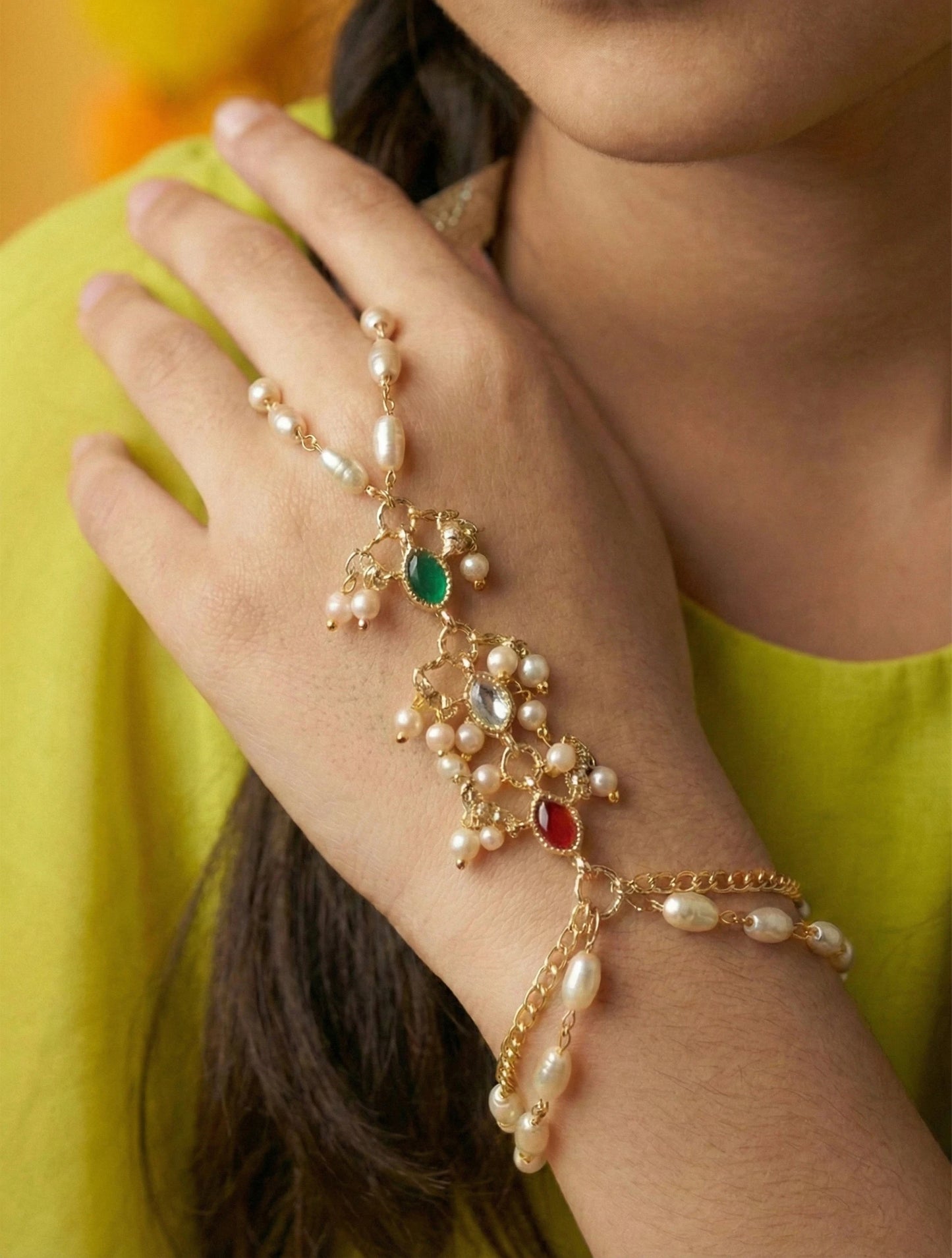 Choko Pearl Haathphool for Girls - Red, Green & Gold | Wedding Festive