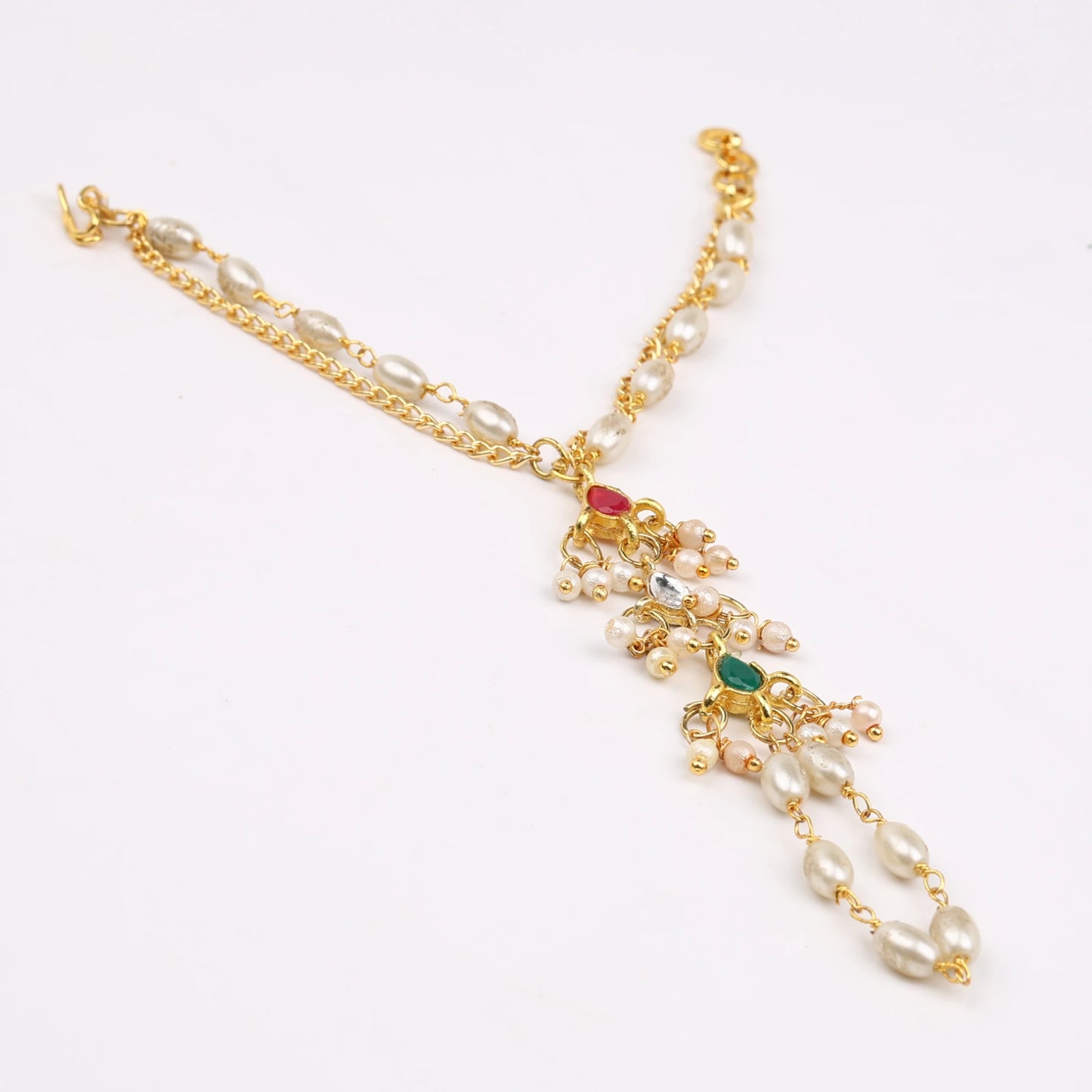 Choko Pearl Haathphool for Girls - Red, Green & Gold | Wedding Festive