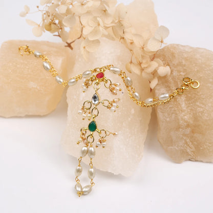 Choko Pearl Haathphool for Girls - Red, Green & Gold | Wedding Festive
