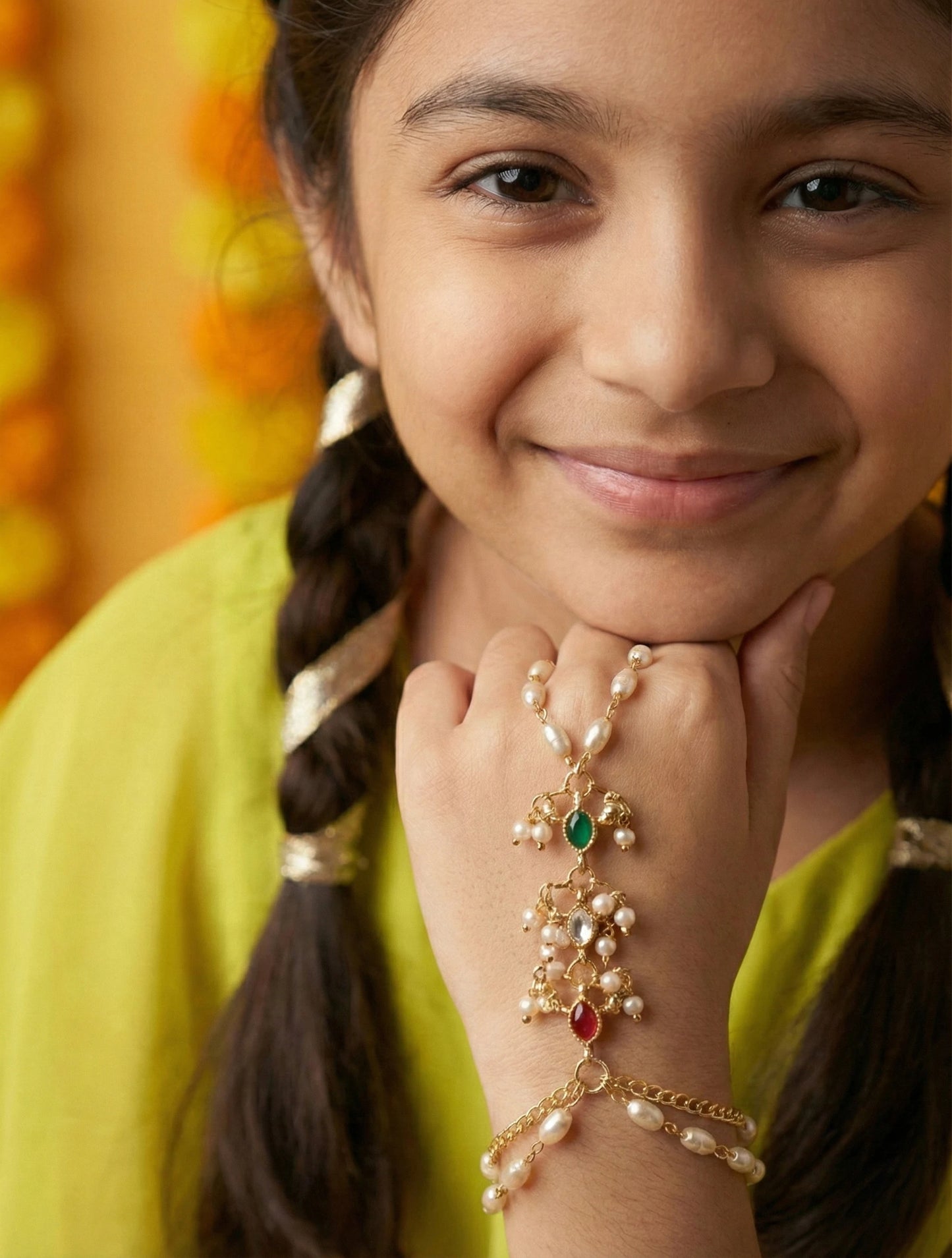 Choko Pearl Haathphool for Girls - Red, Green & Gold | Wedding Festive