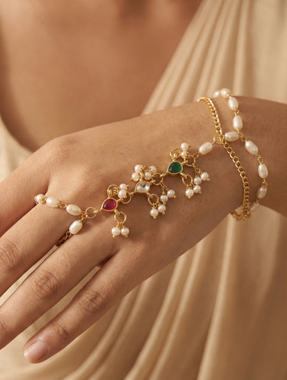 Choko Pearl Haathphool for Girls - Red, Green & Gold | Wedding Festive