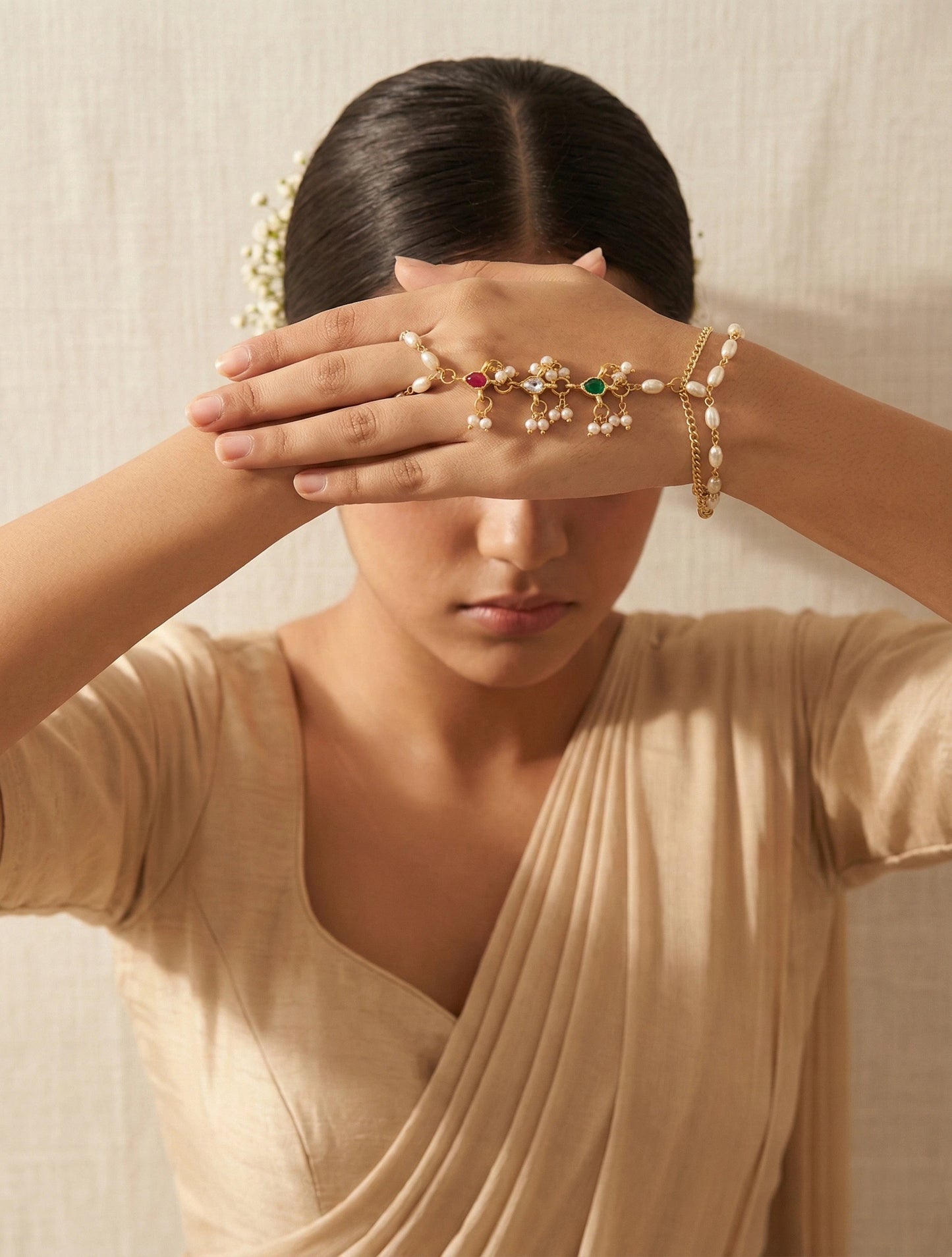 Choko Pearl Haathphool for Girls - Red, Green & Gold | Wedding Festive