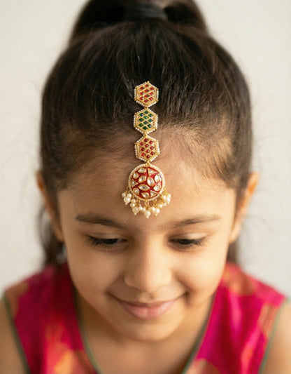 Choko Floral Kundan Maang Tikka for Girls - Red, Green & Gold | Wedding Festive