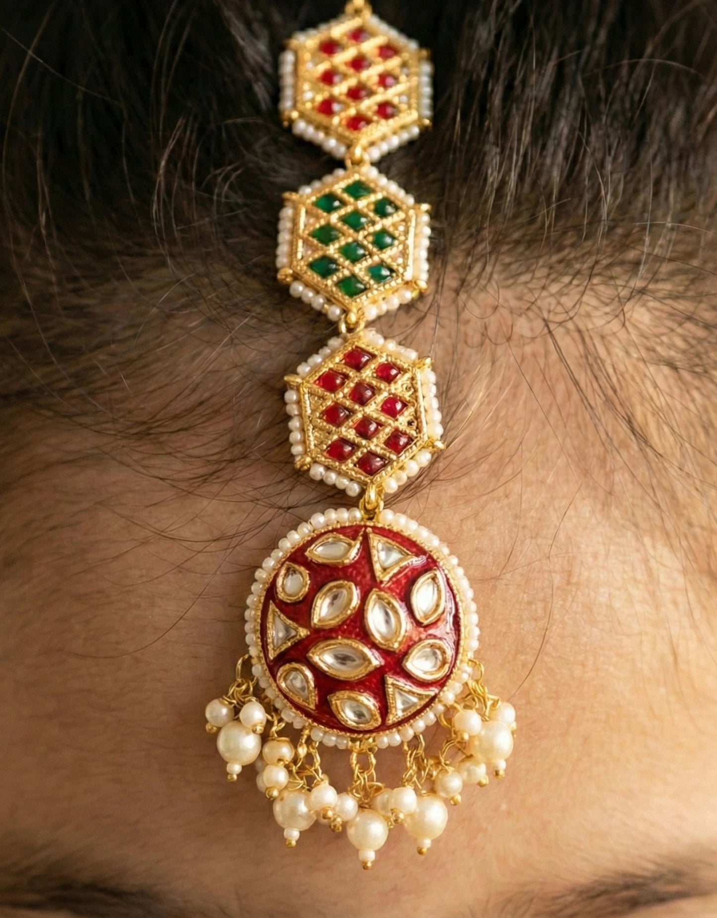 Choko Floral Kundan Maang Tikka for Girls - Red, Green & Gold | Wedding Festive