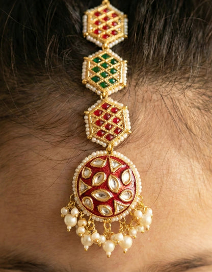 Choko Floral Kundan Maang Tikka for Girls - Red, Green & Gold | Wedding Festive