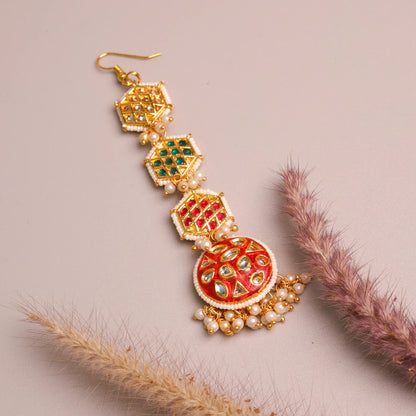 Choko Floral Kundan Maang Tikka for Girls - Red, Green & Gold | Wedding Festive